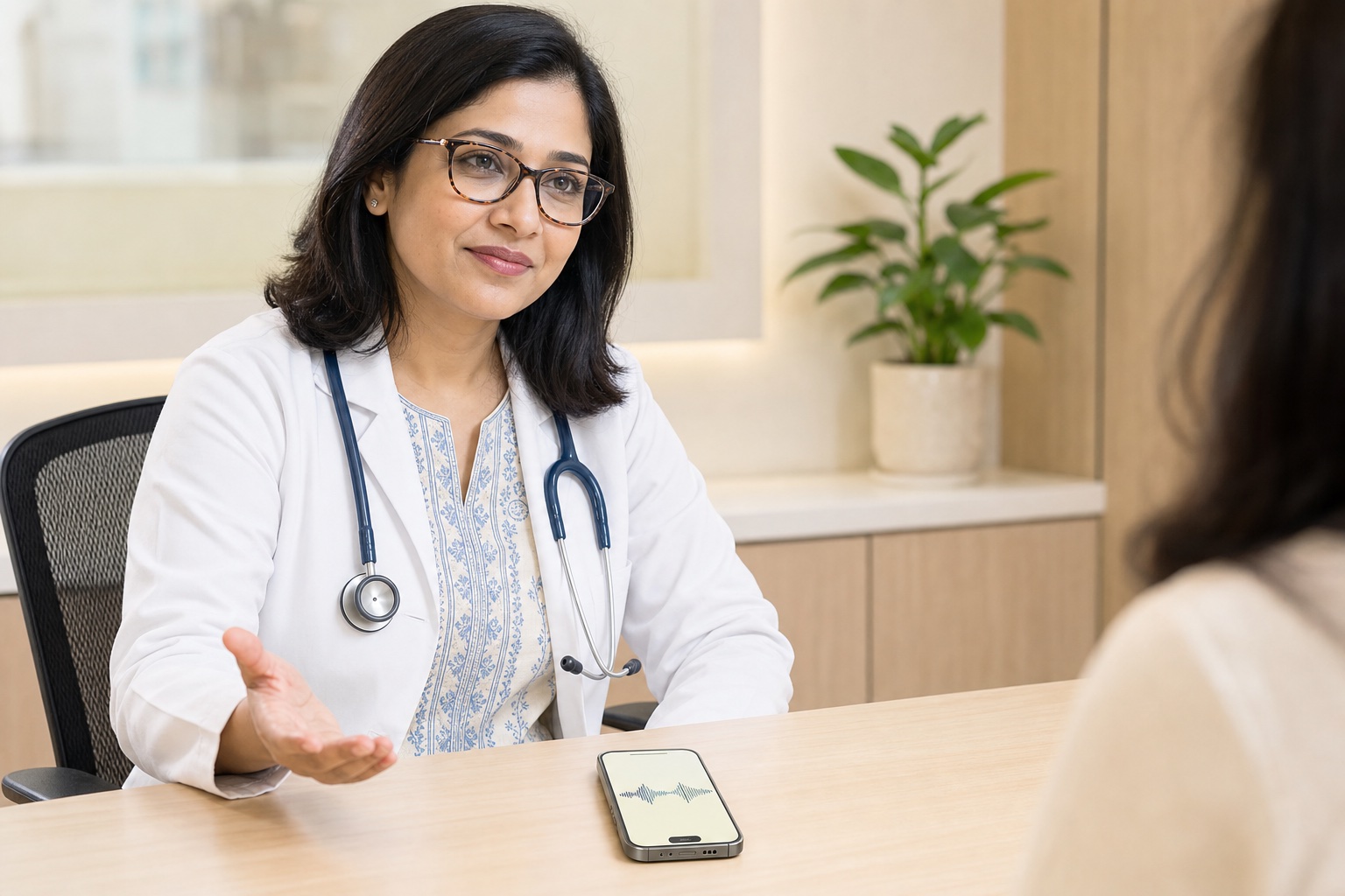 Doctor consulting a patient while ClinicSaathi listens from the phone on the desk